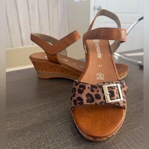 Remonte D4754-24 Brown Leather Leopard Print Wedge Sandals Size 41